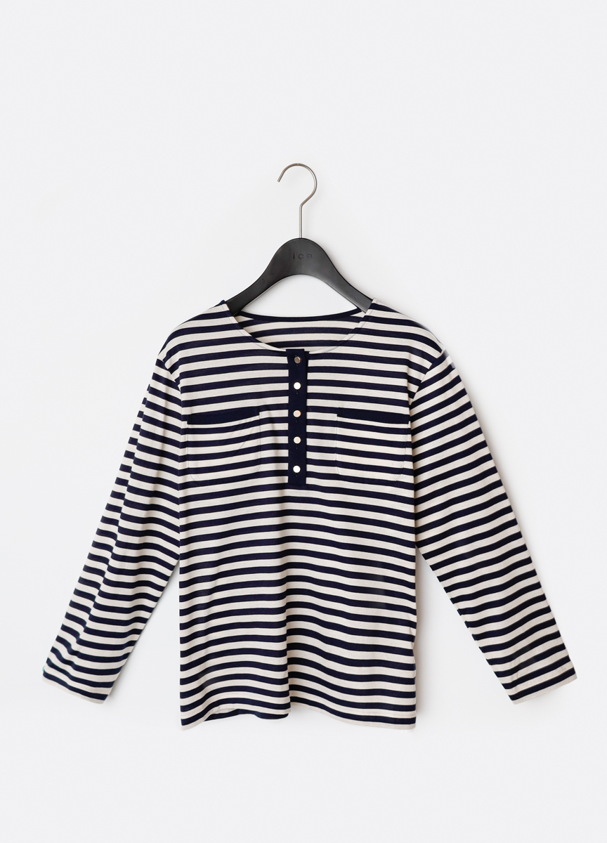 條紋金釦七分袖棉衫